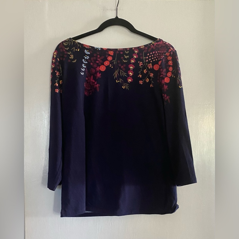 Women's Talbots Navy Floral Boatneck Top - Elegant Long Sleeve